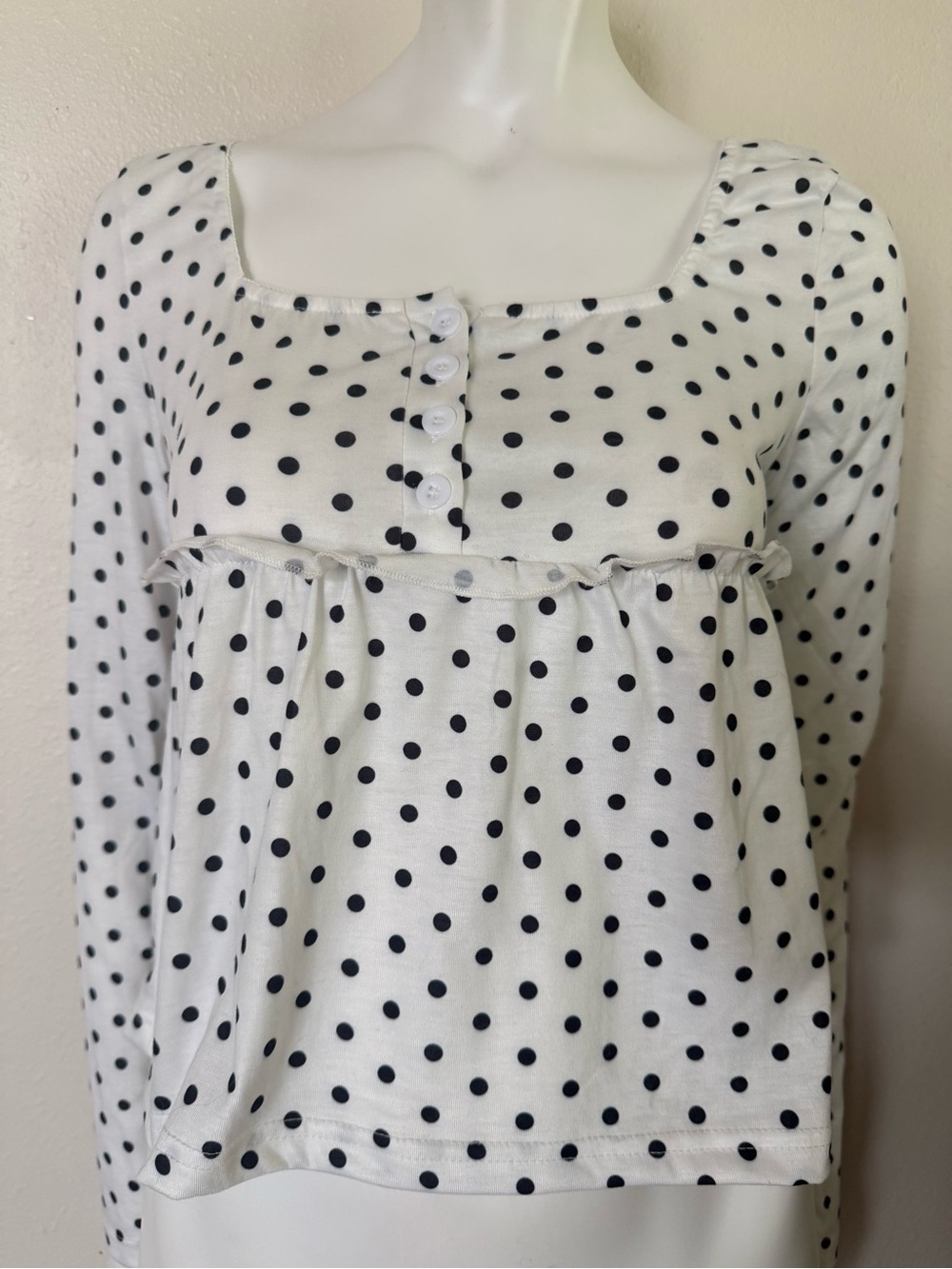 SHEIN White Long-Sleeve Square Neck Polka Dot Top